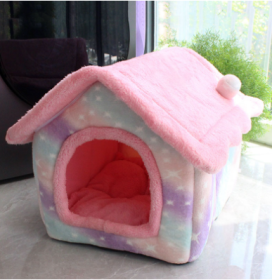 Foldable Dog House Pet Cat Bed Winter Dog Villa Sleep Kennel Removable Nest Warm Enclosed Cave Sofa Pets Supplies (Option: Pink starry sky-Large)